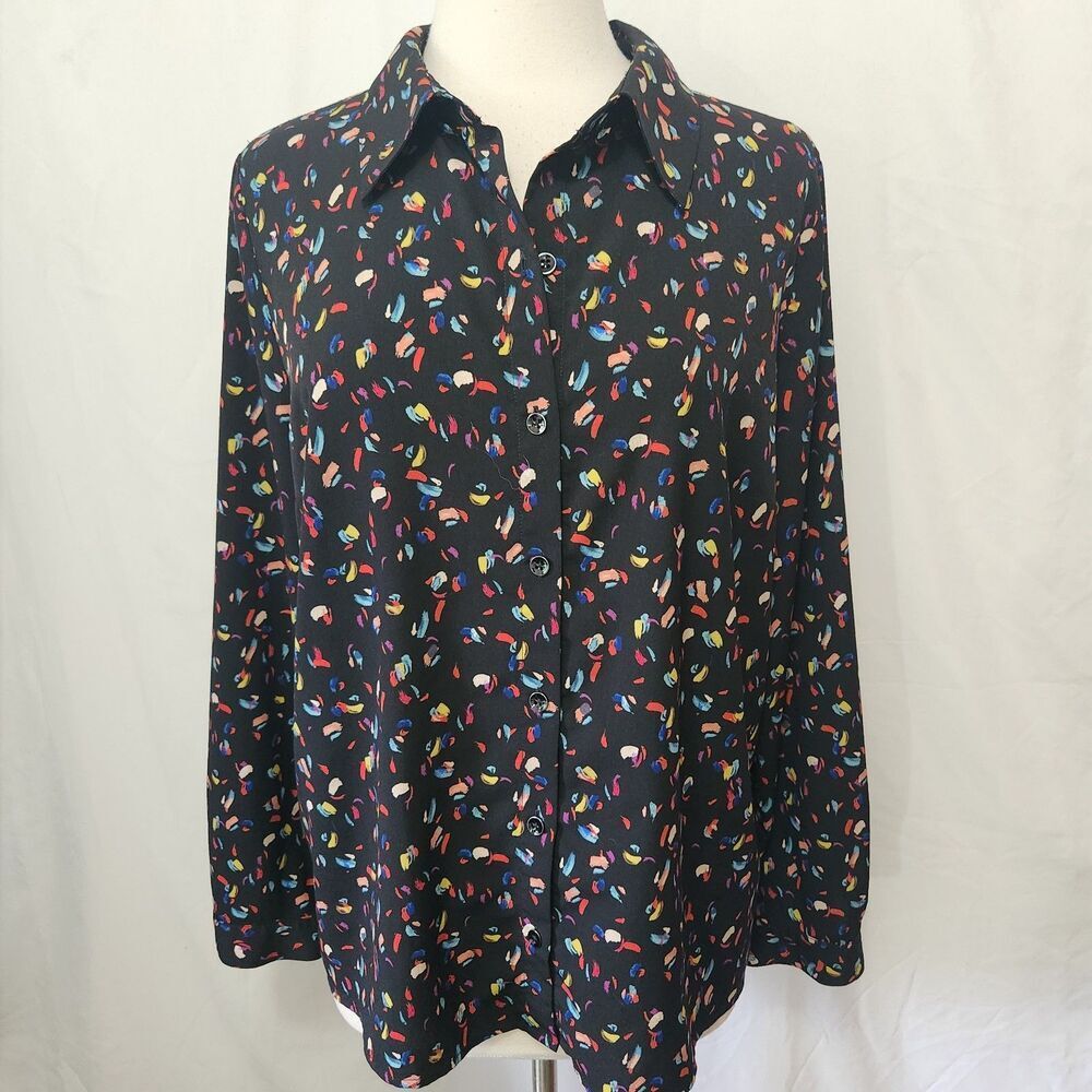 Cabi Womens Top Blouse LARGE Button Up Black Colorful Long Sleeve Sleeve #3423